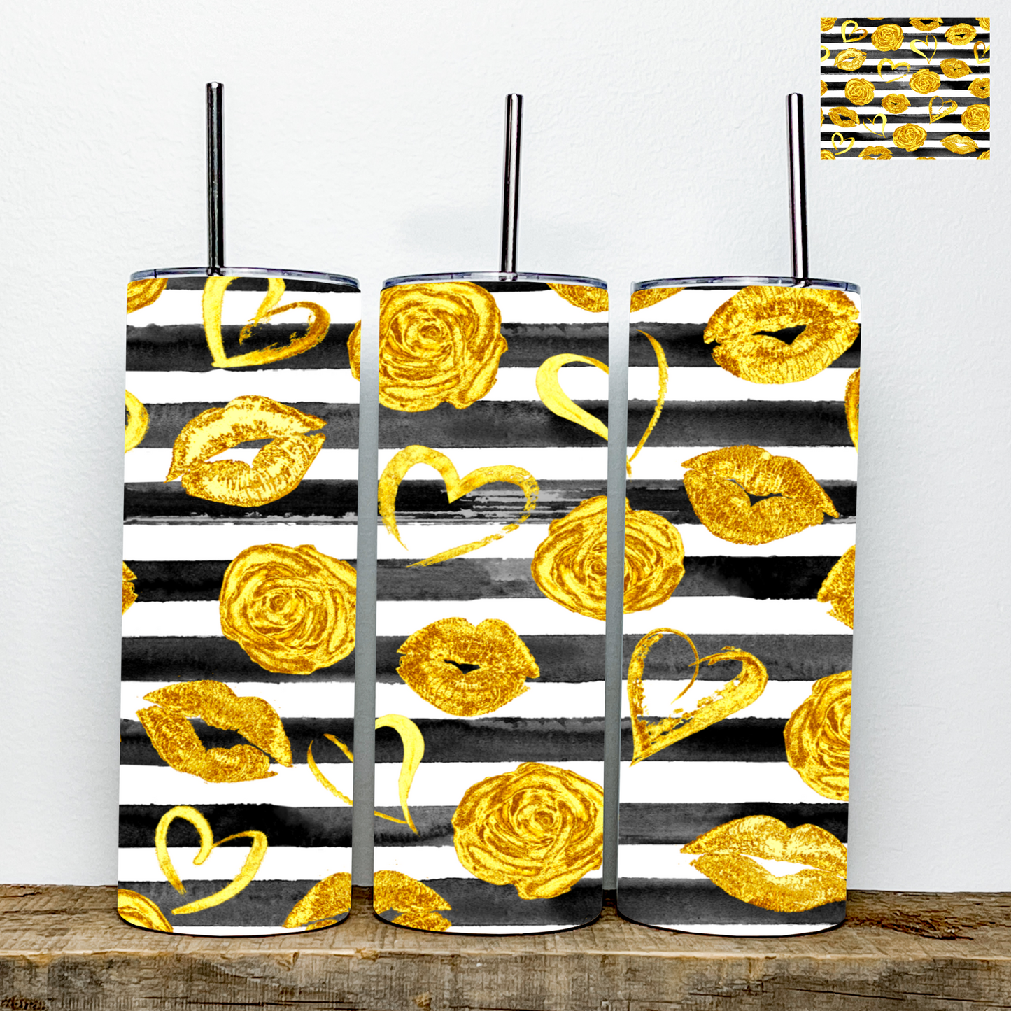 Black and Gold Hearts and Roses Valentine’s Day Tumbler | Stainless Steel Double Wall Tumbler