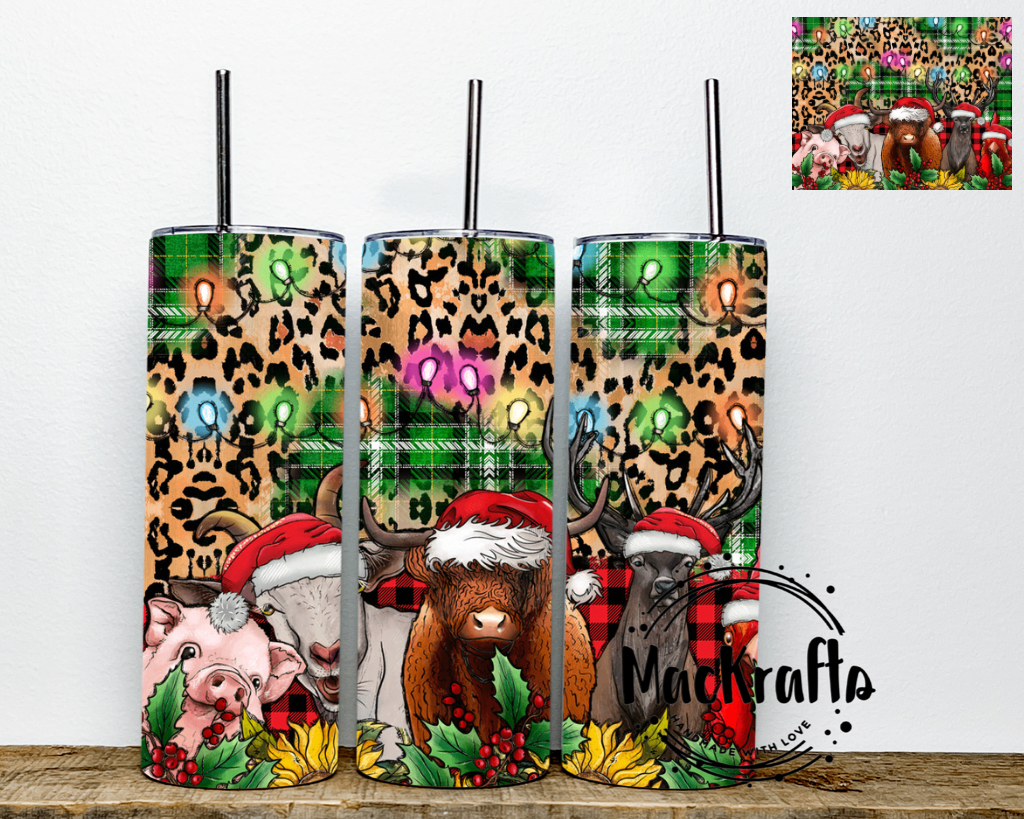 Farm Animals With Santa Hats Christmas Plaid And Cow Print Tumbler | Stainless Steel Double Wall Tumbler