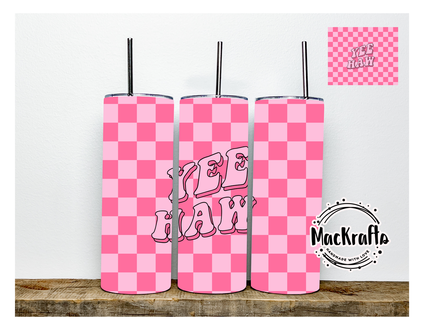Pink Checkered Yee Haw Tumbler | Stainless Steel Double Wall Tumbler