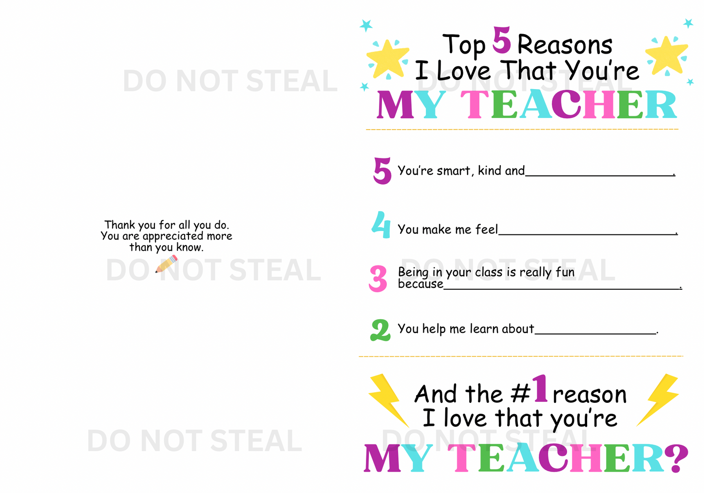 Teacher Appreciation Card Instant Digital Download