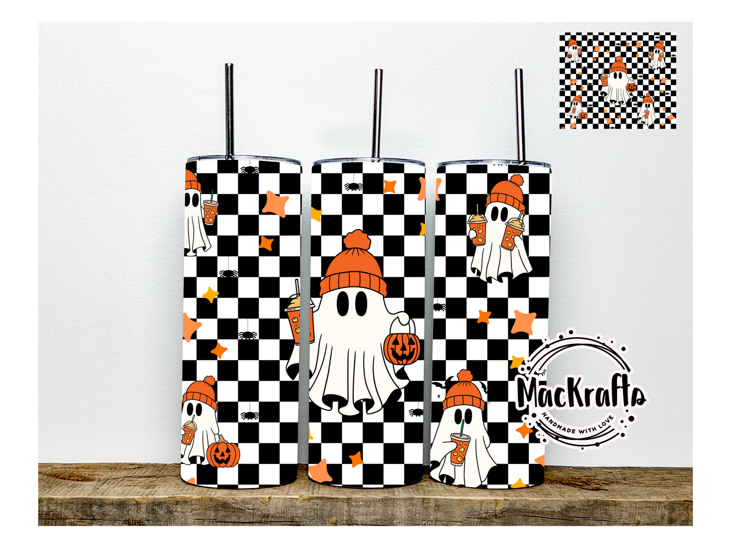 Halloween Ghost Checkered Tumbler | Stainless Steel Double Wall Tumbler