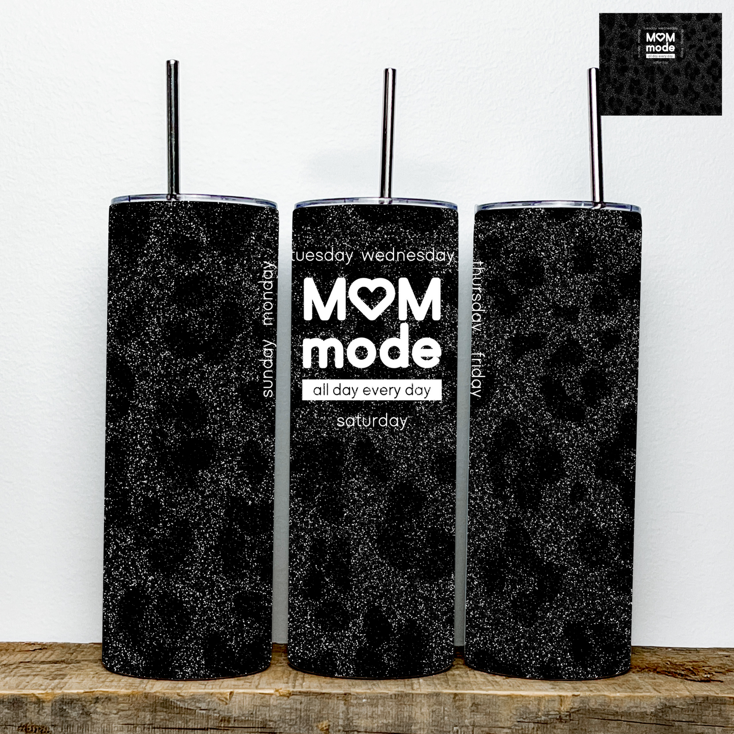 Mom Mode Black Glitter Tumbler | Stainless Steel Double Wall Tumbler